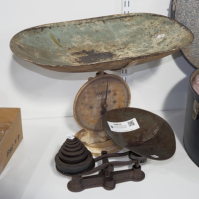 Two Old Scales Including Salter and A Smaller Scale In Cast Iron with Weights