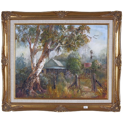 Ros Phillips, Landscape with Homestead and Gum Tree, Oil On Board