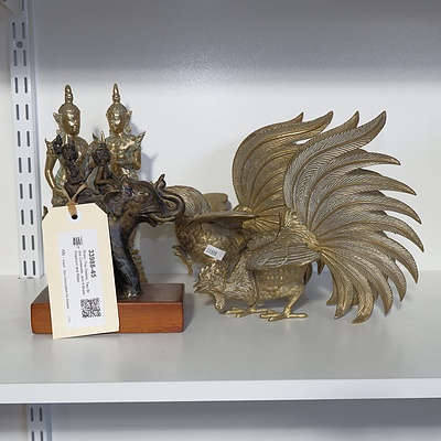 Brass Thai Deities, Two Brass Cockerels, and A Brass Elephant and Rider 