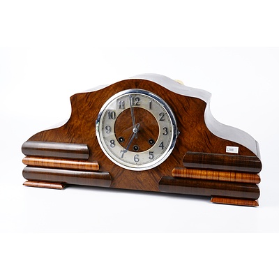 Art Deco Maple and Black Veneer Mantle Clock Circa 1940S