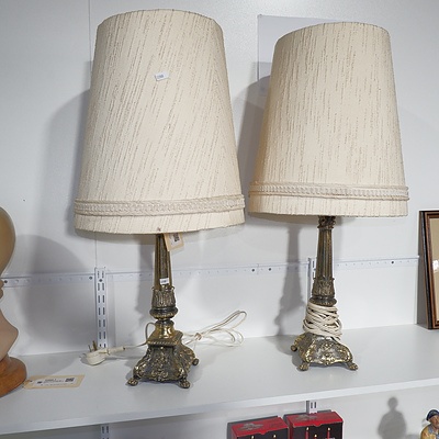 Pair of Vintage Cast Metal Table Lamps and Shades
