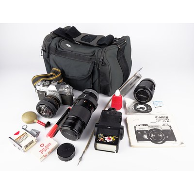 Canon FTb Camera with 300mm, 135mm and 50mm Lenses and Flash, Light Meter Etc