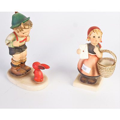 Two Hummel Figurines - Boy with rabbit and Girl with Basket
