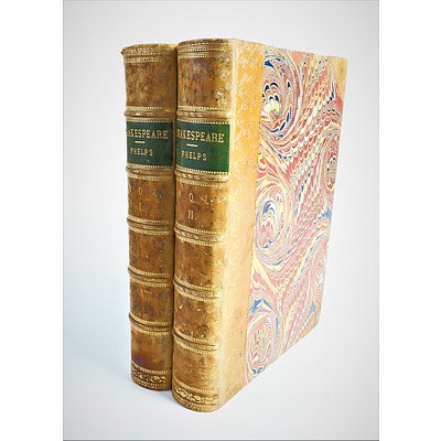Samuel Phelps, The Complete Works of Shakespeare, J Berger, London, Volume 1-2, Leather Bound hardcover with Marbles Cover and End Papers