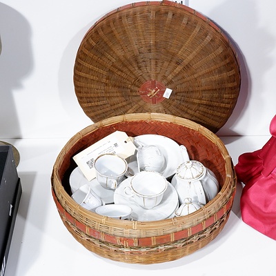 Vintage Children's Porcelain Tea Set - 22 Pieces in Woven Cane Basket