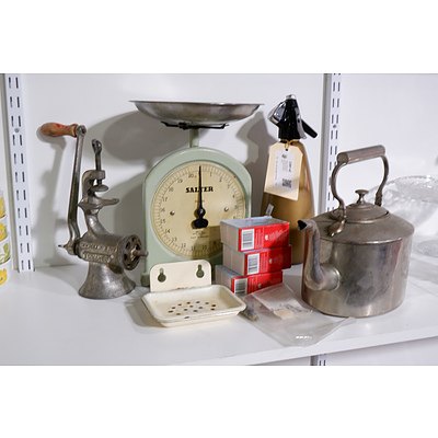 Salter No 34 Kitchen Scales, Beatrice Hand Mincer, Kettle, Enamel Soap Dish and Soda Siphon with Spare Canisters