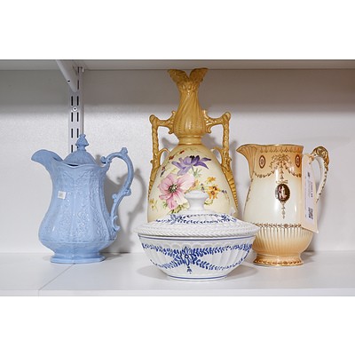 Vintage Italian Pottery Lidded Bowl, Ornate Blue Jug, Grimwades Jug and Twin handled Hand Painted Floral Vase