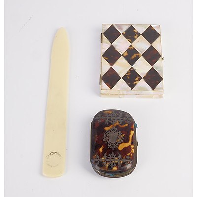 Antique Tortoise Shell Purse with Silver Overlay, Mother of Pearl and Tortoise Shell Card Case and Vintage Letter Opener