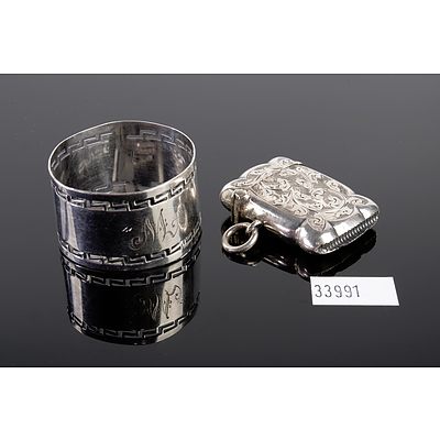 Antique Sterling Silver Vesta Hallmarked Birmingham 1906 and A Saunders Sterling Silver Napkin Ring