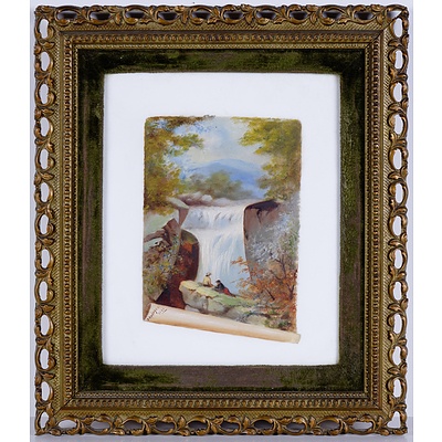 S. Grainger (Late 19th Century), Untitled (Two Figures by a Waterfall) 1898, Oil on Porcelain