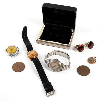 Various Vintage Wrist Watches, Two Pennies and a Pair of Cuff Links