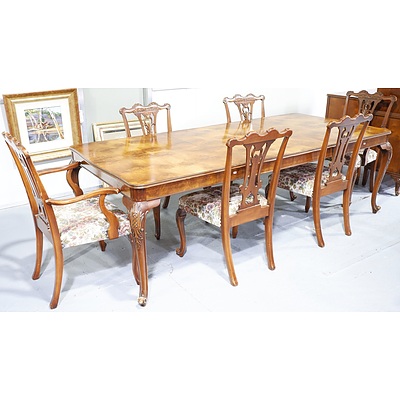 Antique Style Birch Veneer Twin Extension Dining Table with a Set of Six Matching Chairs