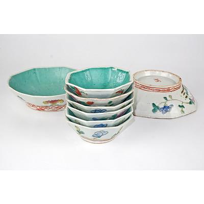 Antique Chinese Famille Rose Hexagonal Dishes with Turquoise Interiors, Circa 1900