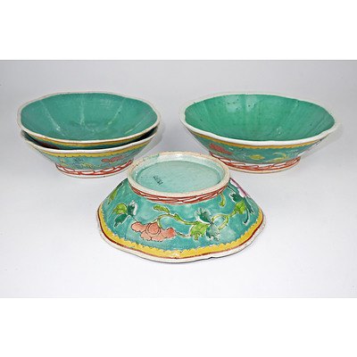 Antique Chinese Famille Rose Lobed Dishes with Turquoise Interiors, Circa 1900
