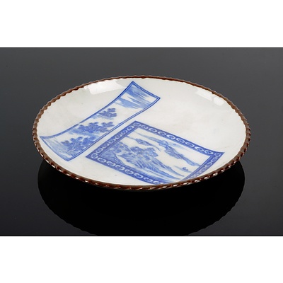 Japanese Plate with Blue Scenic Decoration and Glazed Rim