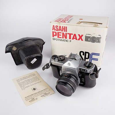 Asahi Pentax Spotmatic F Camera, Case and Box with Takumar 1.8/55 Lens