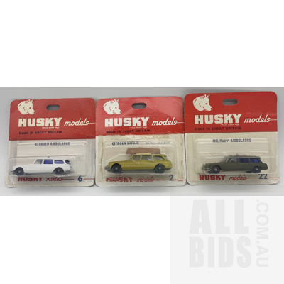 Three Vintage Husky Diecast Model Cars in Original Blister Packs