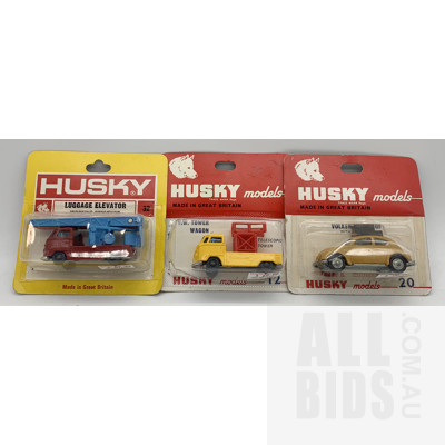 Three Vintage Husky Diecast Model Cars in Original Blister Packs