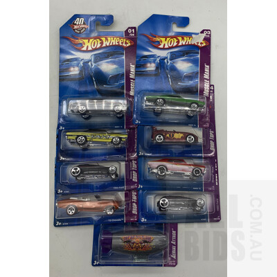 Nine Hot Wheels Diecast Model Cars in Original Blister Packs - Assorted
