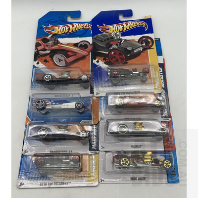 Eight Hot Wheels Diecast Model Cars in Original Blister Packs - Dragsters