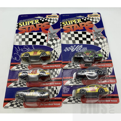Six Matchbox Racing Super Stars Diecast Model Cars in Original Blister Packs - Some with Facsimile Signatures