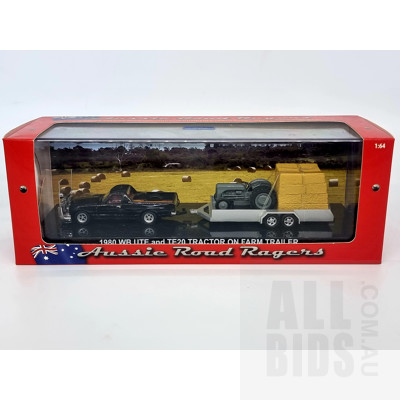 Aussie Road Ragers, 1980 Holden WB Ute & TE20 Tractor on Farm Trailer, 1:64 Scale Model Car