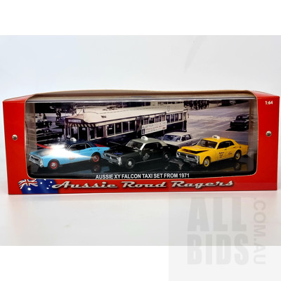 Aussie Road Ragers, Aussie Ford XY Falcon Taxi Set From 1971, Set of 3 Cars, 1:64 Scale Model Cars