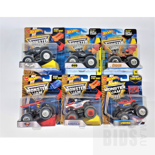 Hot Wheels Assorted Super Hero Themed Monster Jam Trucks in Original Blister Packs - Set of 6 Approx 1:64 Scale Diecast Models