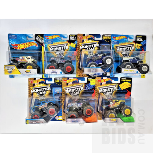 Hot Wheels Assorted Themed Monster Jam Trucks in Original Blister Packs - Set of 7 Approx 1:64 Scale Diecast Models