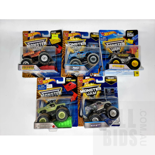 Hot Wheels Assorted Themed Monster Jam Trucks in Original Blister Packs - Set of 5 Approx 1:64 Scale Diecast Models