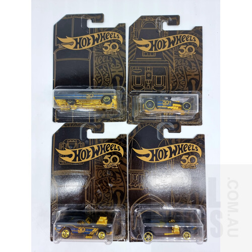 Hot Wheels Assorted 50-Year Black & Gold Incomplete Set in Original Blister Packs - Set of 4 Approx 1:64 Scale Diecast Models