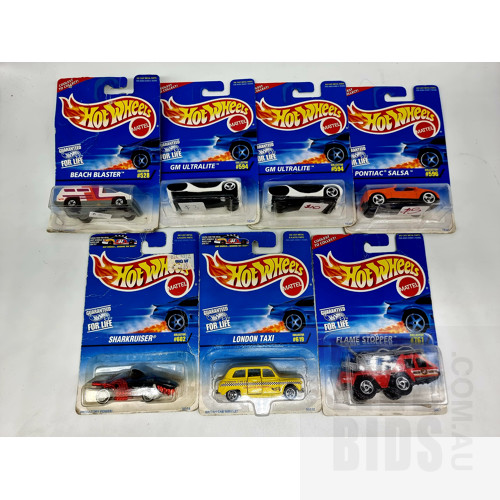Hot Wheels Assorted Circa 1996 General Series in Original Blister Packs - Set of 7 Approx 1:64 Scale Diecast Models