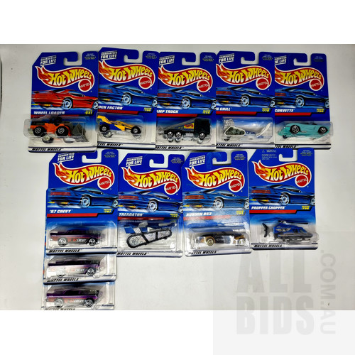 Hot Wheels Assorted Circa 1997 General Series in Original Blister Packs - Set of 11 Approx 1:64 Scale Diecast Models