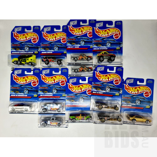 Hot Wheels Assorted Circa 1997-8 General Series in Original Blister Packs - Set of 12 Approx 1:64 Scale Diecast Models