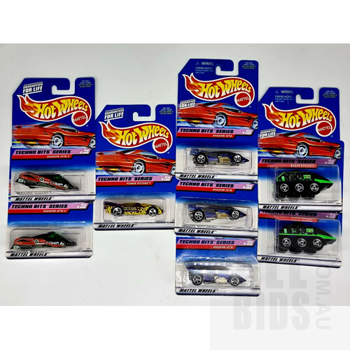 Hot Wheels 1997 Techno Bits Series Complete Set & Extras in Original Blister Packs - Set of 8 Approx 1:64 Scale Diecast Models