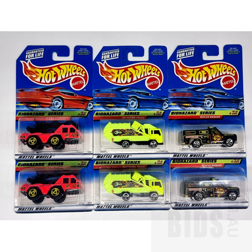 Hot Wheels 1997 Assorted Biohazard Series in Original Blister Packs - Set of 6 Approx 1:64 Scale Diecast Models