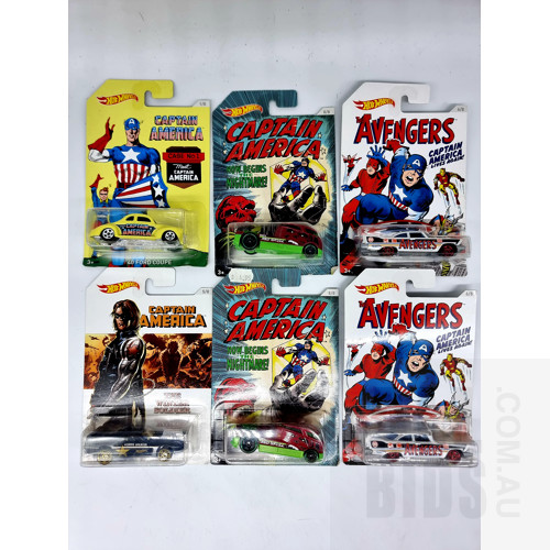 Hot Wheels 2015 Assorted Captain America in Original Blister Packs - Set of 6 Approx 1:64 Scale Diecast Models
