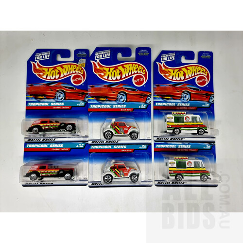 Hot Wheels Assorted Tropicool Series Circa 1997 - Set of 6 Approx 1:64 Scale Diecast Models