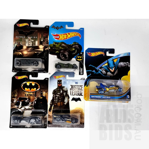 Hot Wheels Assorted Batman Themed Vehicles - Set of 5 Approx 1:64 Scale Diecast Models