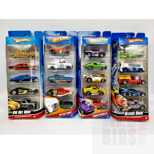 Hot Wheels Four Hot Rod Themed, 5 Car Packs Approx 1:64 Scale Diecast Models
