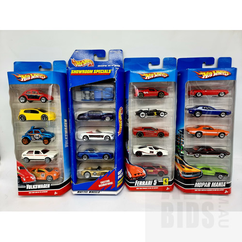 Hot Wheels Four Assorted Road Car Themed 5 Car Packs Approx 1:64 Scale Diecast Models