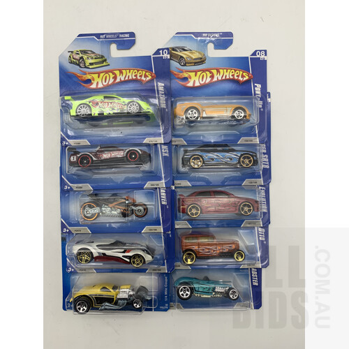 Assorted Hotwheels From 2008 - Lot of 10 In Original Blister Packs - Approx 1:64 Scale Diecast Models