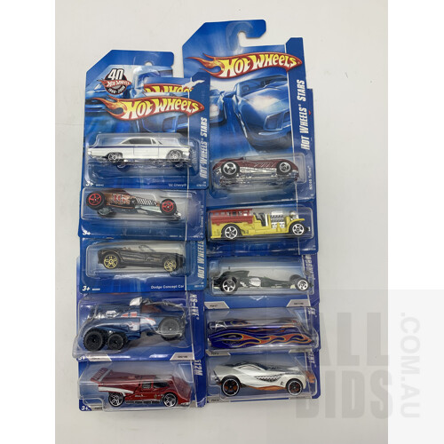 Assorted Hotwheels From 2007 And 2010 - Lot of 10 In Original Blister Packs - Approx 1:64 Scale Diecast Models