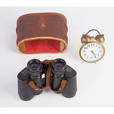 Vintage Taiyo 8 x 30 Field Binoculars and a Europa Bakelite Alarm Clock