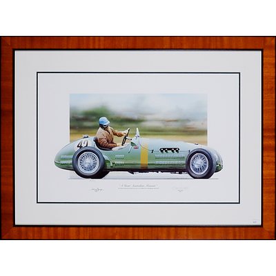 A Great Australian Moment, Tony Gaze showing the Green and Gold on his HWM at the 1952 Belgian Grand Prix, Limited Edition Lithograhic Print 37/350 signed by Tony Gaze and Bernie Walsh