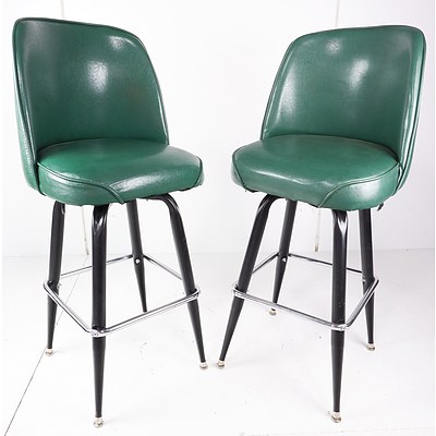 Pair of Retro Metal Framed Bar Stools with Green Vinyl Upholstery