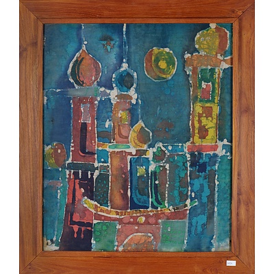 A Framed Batik Painting Depicting a Palace