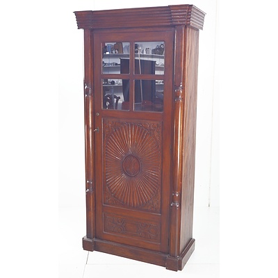 Hand Crafted Antique Style Indonesian Mahogany Tall Cabinet with Decorative Carved Door
