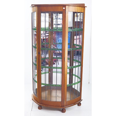 Unusual Tall Antique Display Cabinet with Leadlight Panel Doors and Sides, Mirrored Back and Glass Shelves