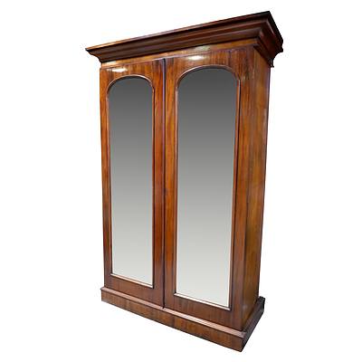 Victorian Flame Mahogany Wardrobe with Arched Mirrored Doors, Circa 1880